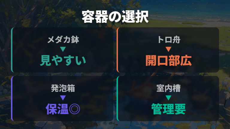 メダカビオトープなら水草なしでも容器選びが支えになる
