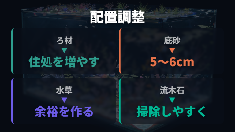底砂とレイアウトで定着に必要な環境条件を増やす