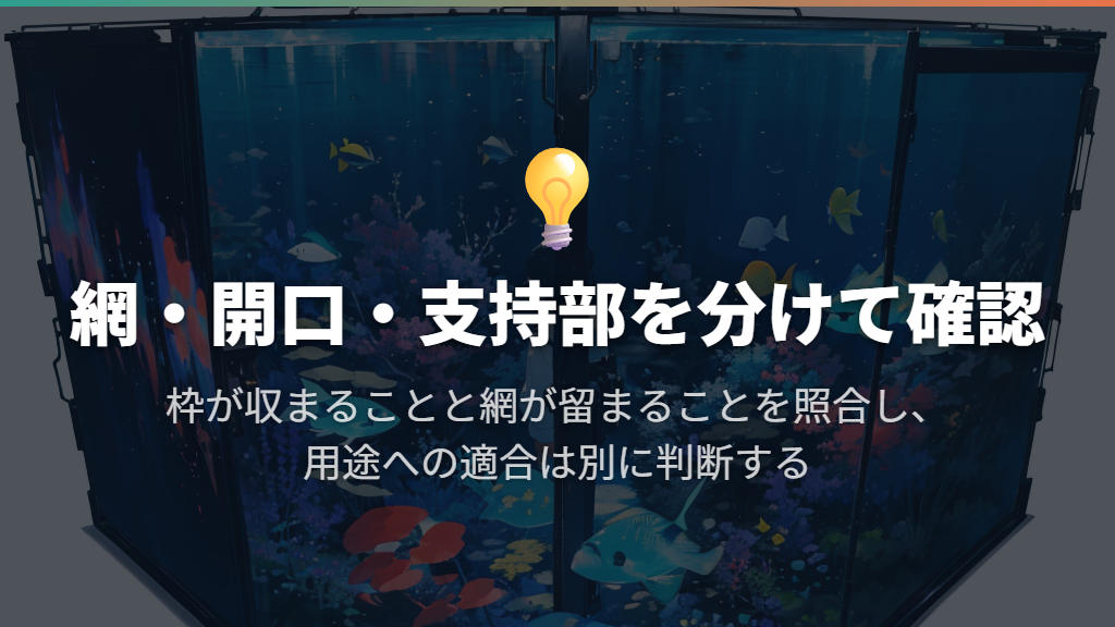 仕上がりは網・周囲の開口・支持部を分けて確認する