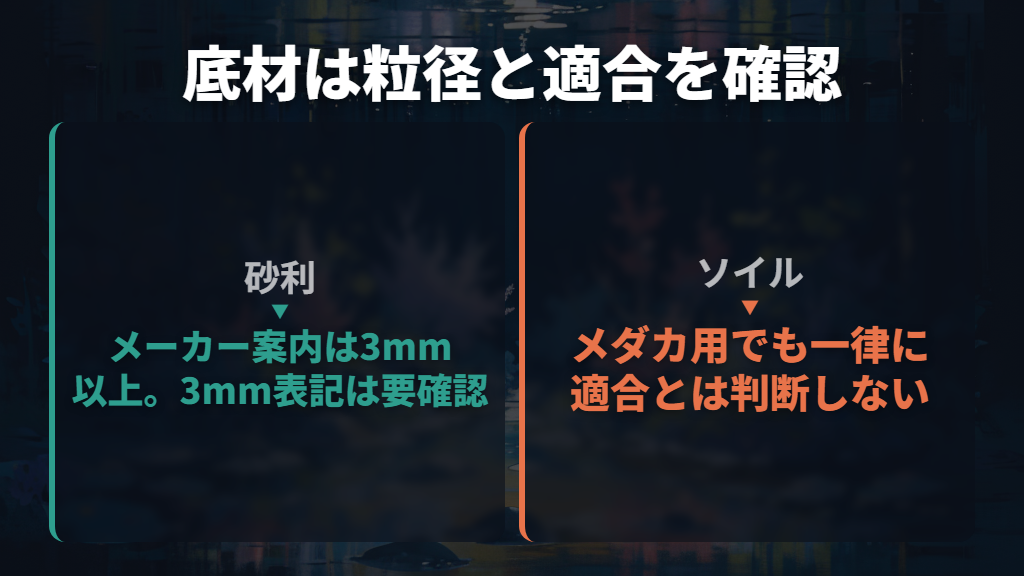 砂利は粒径に注意し、ソイルの適合を決めつけない