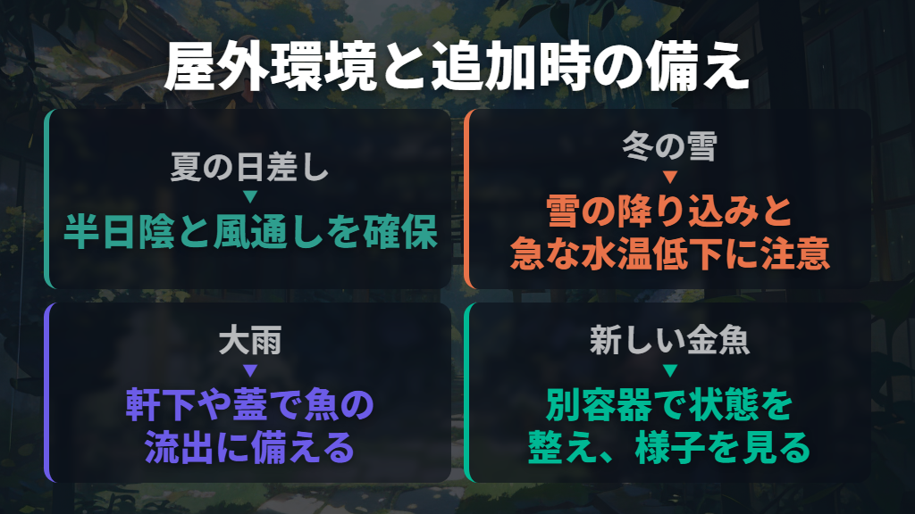 夏の日差し・冬の雪・大雨と新しい金魚の追加に備える
