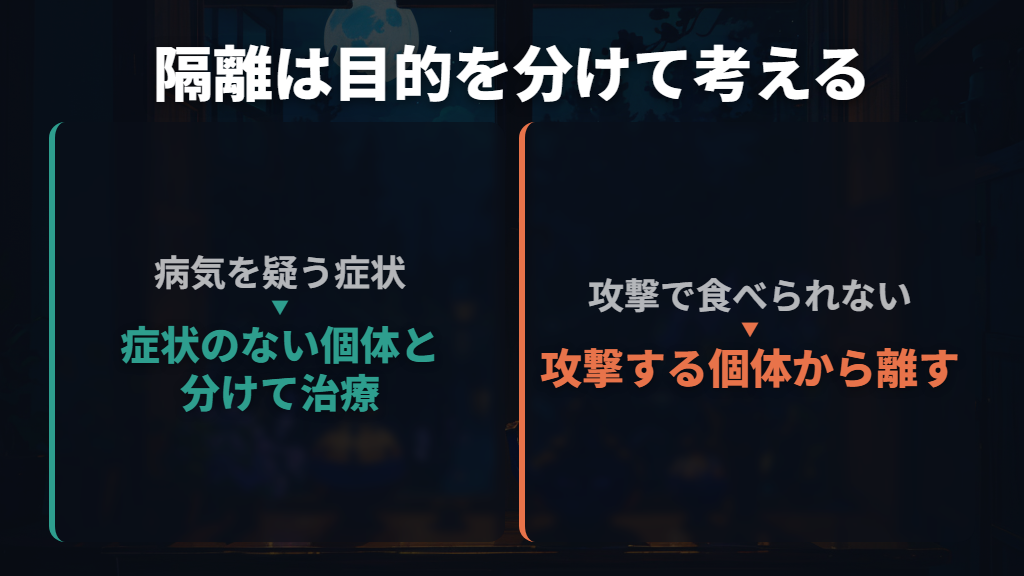 隔離は病気や攻撃の状況に応じて行い、水合わせと酸素に配慮する